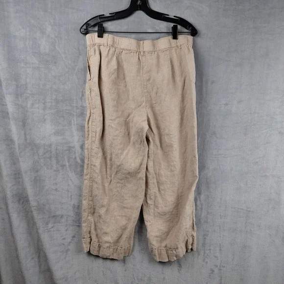 J. Jill Love Linen Tan Beige Wide Leg Cropped Pants Womens Medium Elastic Back - Picture 2 of 8